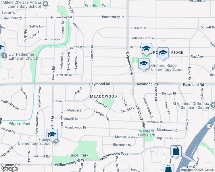map of restaurants, bars, coffee shops, grocery stores, and more near 5806 Raymond Road in Madison