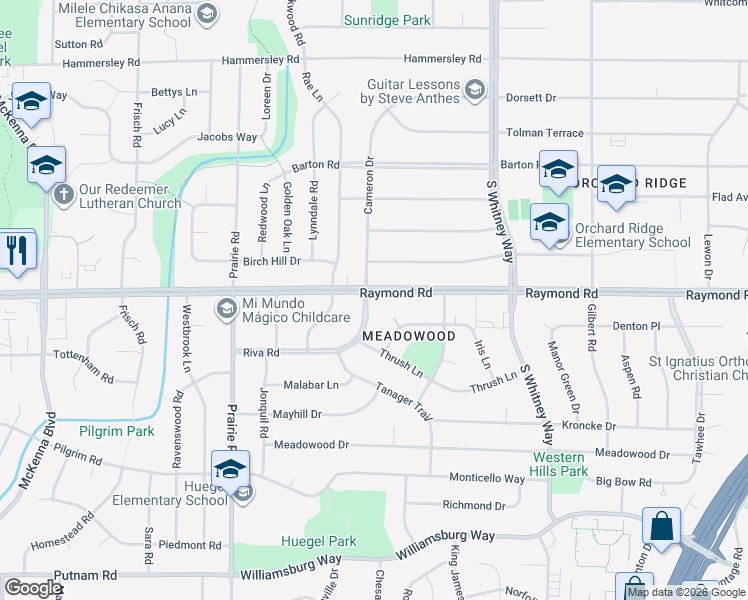 map of restaurants, bars, coffee shops, grocery stores, and more near 5836 Raymond Road in Madison