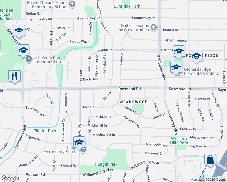 map of restaurants, bars, coffee shops, grocery stores, and more near 5910 Raymond Road in Madison