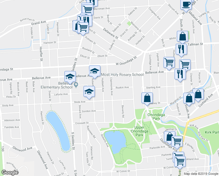 map of restaurants, bars, coffee shops, grocery stores, and more near 148 Clairmonte Avenue in Syracuse