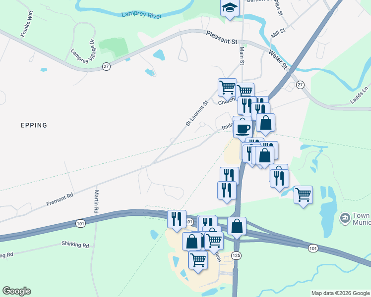 map of restaurants, bars, coffee shops, grocery stores, and more near 109 Railroad Avenue in Epping