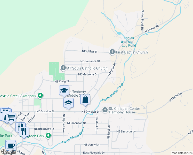 map of restaurants, bars, coffee shops, grocery stores, and more near 1122 Northeast Leon Avenue in Myrtle Creek