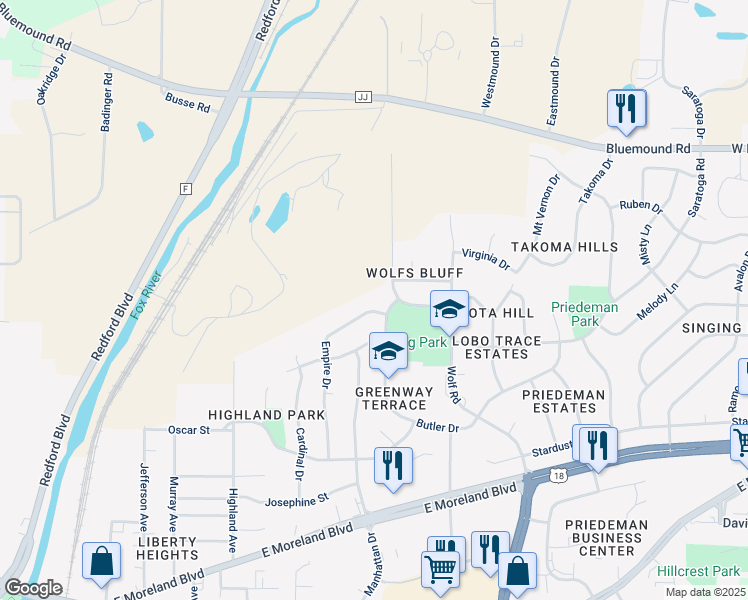 map of restaurants, bars, coffee shops, grocery stores, and more near 2160 Empire Drive in Waukesha