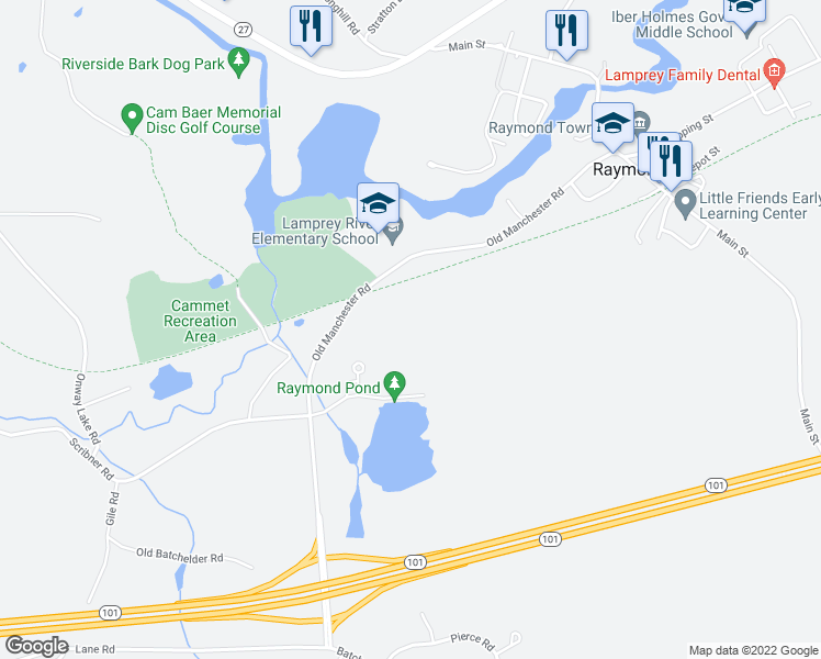 map of restaurants, bars, coffee shops, grocery stores, and more near 10 Industrial Drive in Raymond