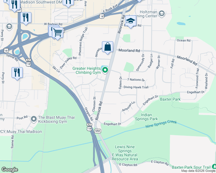 map of restaurants, bars, coffee shops, grocery stores, and more near 2725 Rimrock Road in Madison