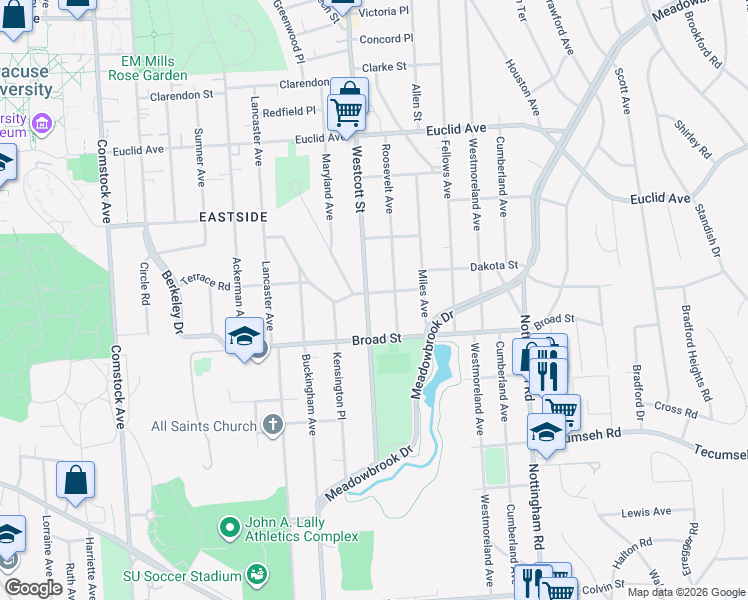 map of restaurants, bars, coffee shops, grocery stores, and more near 1105 Westcott Street in Syracuse