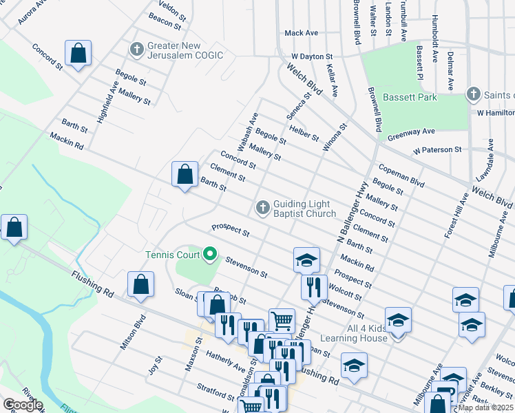 map of restaurants, bars, coffee shops, grocery stores, and more near 3110 Barth Street in Flint