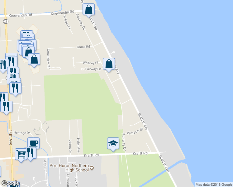 map of restaurants, bars, coffee shops, grocery stores, and more near 4238 Fairway Drive in Fort Gratiot Township