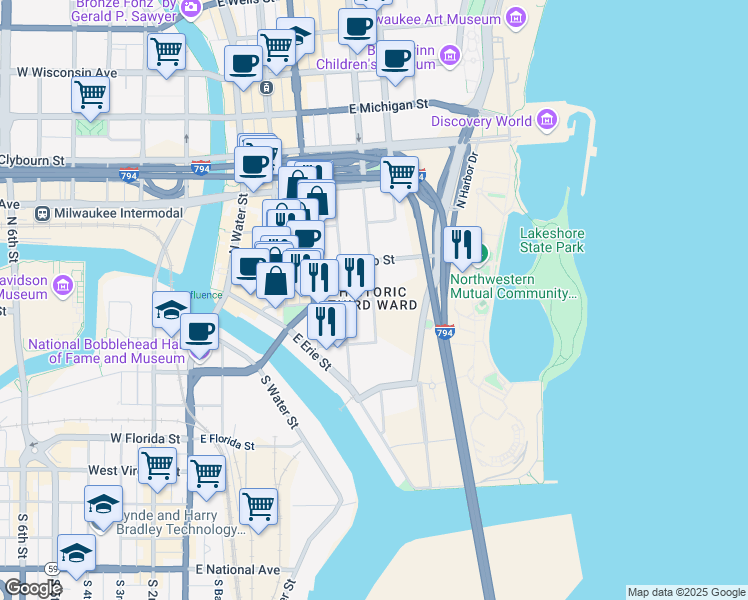 map of restaurants, bars, coffee shops, grocery stores, and more near North Jackson Street & East Menomonee Street in Milwaukee