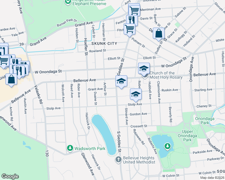 map of restaurants, bars, coffee shops, grocery stores, and more near 313 Grant Avenue in Syracuse