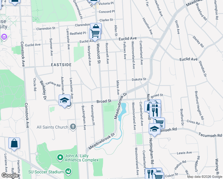 map of restaurants, bars, coffee shops, grocery stores, and more near 407 Roosevelt Avenue in Syracuse