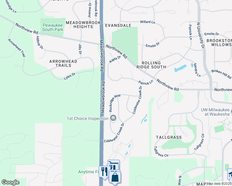 map of restaurants, bars, coffee shops, grocery stores, and more near 1736 Rockridge Way in Waukesha