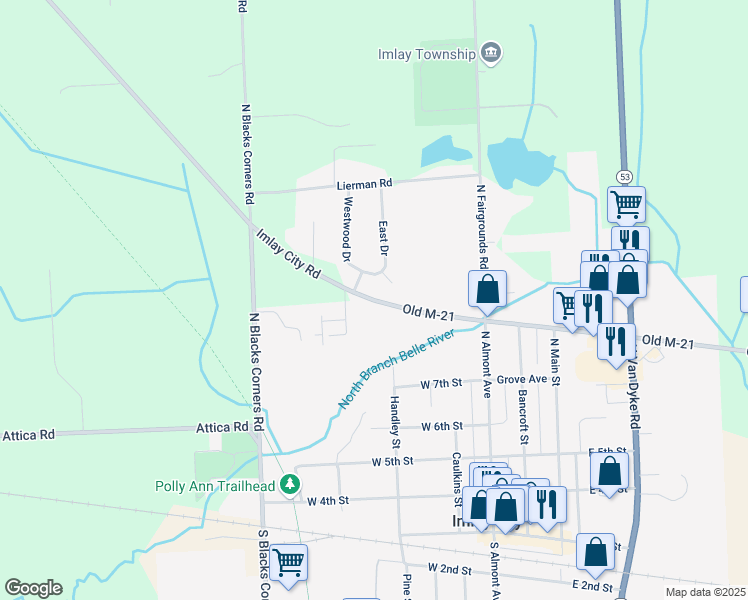 map of restaurants, bars, coffee shops, grocery stores, and more near 365 West Capac Road in Imlay City