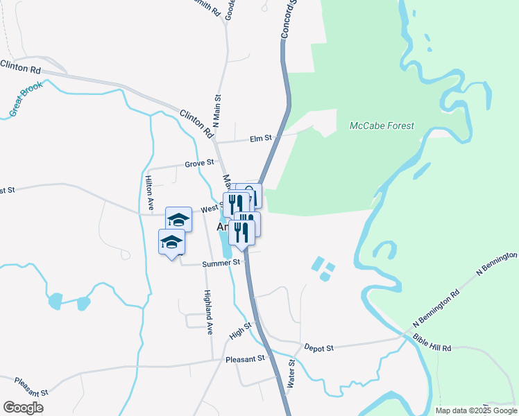 map of restaurants, bars, coffee shops, grocery stores, and more near 7 Concord Street in Antrim