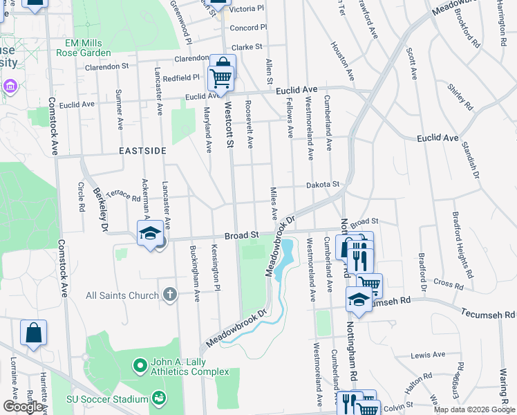 map of restaurants, bars, coffee shops, grocery stores, and more near 521 Kensington Road in Syracuse