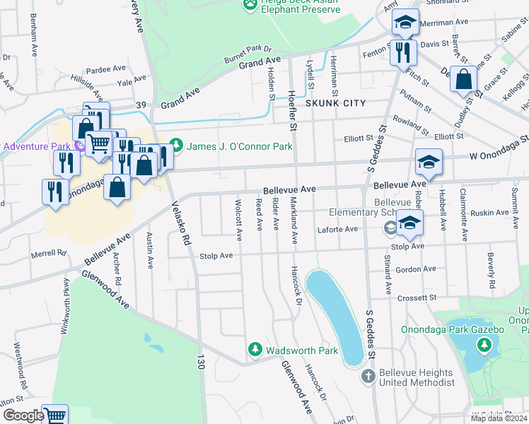 map of restaurants, bars, coffee shops, grocery stores, and more near 118 Reed Avenue in Syracuse
