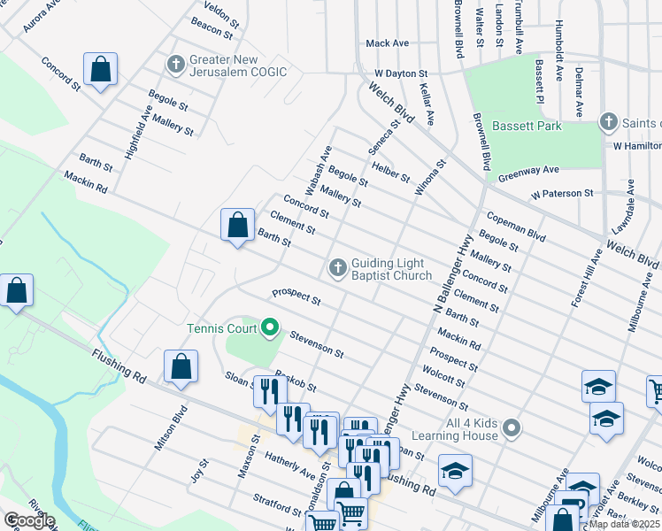 map of restaurants, bars, coffee shops, grocery stores, and more near 3110 Barth Street in Flint