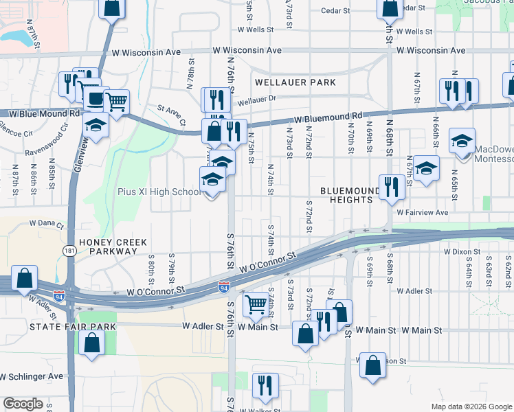 map of restaurants, bars, coffee shops, grocery stores, and more near 127 North 74th Street in Milwaukee
