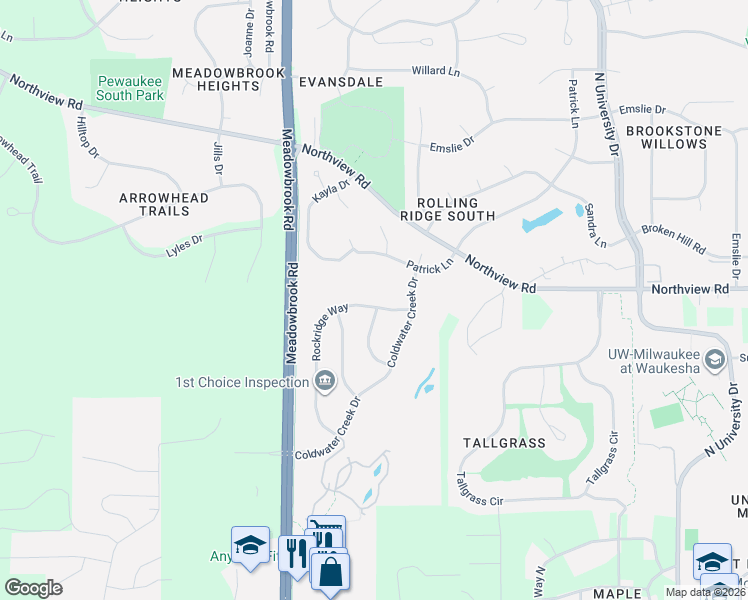 map of restaurants, bars, coffee shops, grocery stores, and more near 1810 Rockridge Way in Waukesha