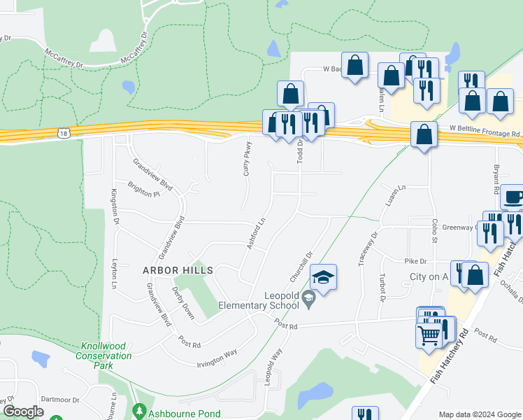 map of restaurants, bars, coffee shops, grocery stores, and more near 2922 Ashford Lane in Madison