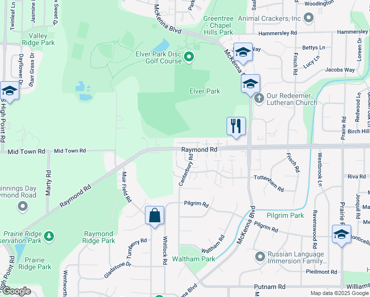 map of restaurants, bars, coffee shops, grocery stores, and more near 6931 Raymond Road in Madison