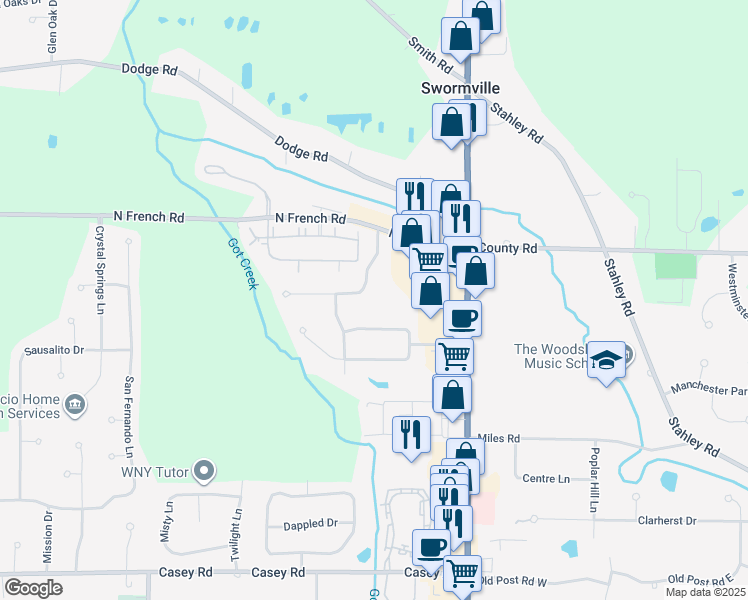 map of restaurants, bars, coffee shops, grocery stores, and more near 62 Autumn Creek Court in East Amherst