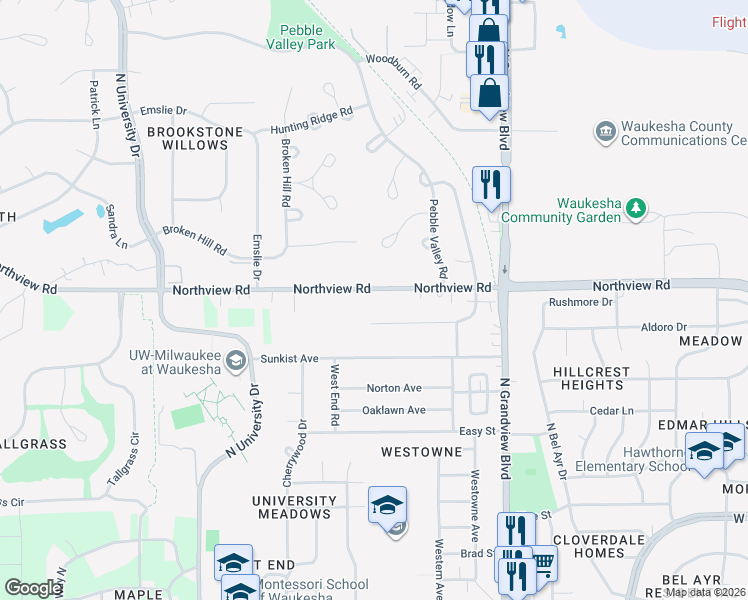 map of restaurants, bars, coffee shops, grocery stores, and more near 2201 Northview Road in Waukesha