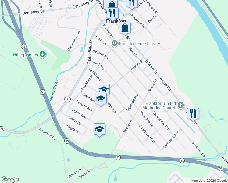 map of restaurants, bars, coffee shops, grocery stores, and more near 302 Third Avenue in Frankfort