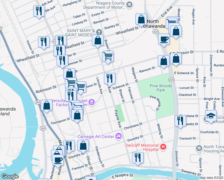 map of restaurants, bars, coffee shops, grocery stores, and more near 281 Schenck Street in North Tonawanda