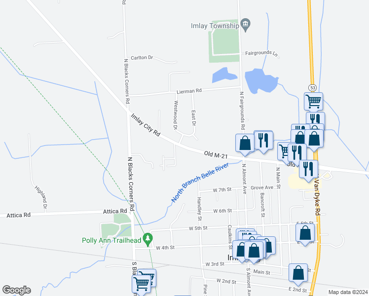 map of restaurants, bars, coffee shops, grocery stores, and more near 345 West Capac Road in Imlay City