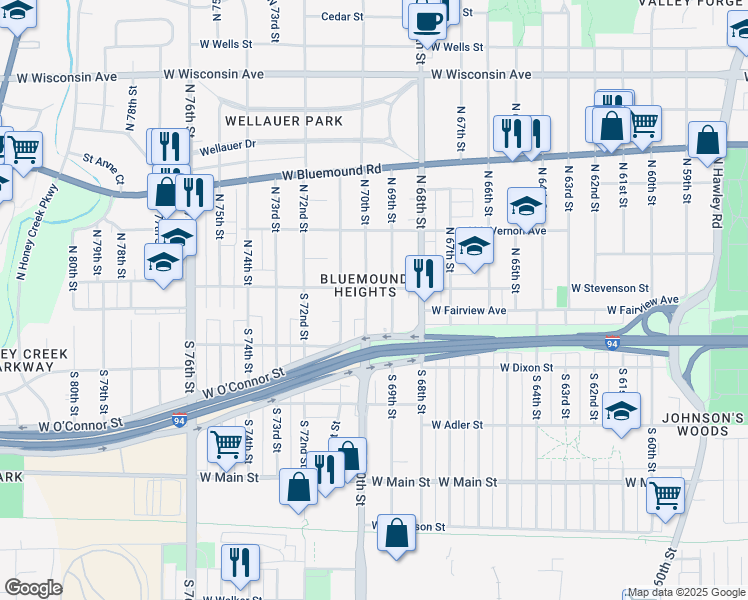 map of restaurants, bars, coffee shops, grocery stores, and more near 125 North 69th Street in Milwaukee