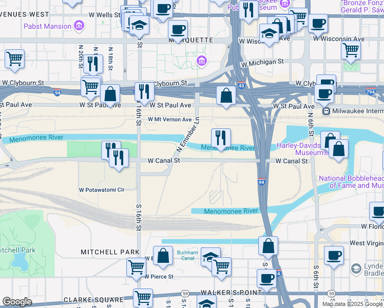 map of restaurants, bars, coffee shops, grocery stores, and more near 1300 West Canal Street in Milwaukee