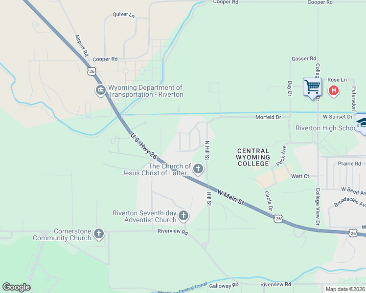 map of restaurants, bars, coffee shops, grocery stores, and more near 610 Dickinson Avenue in Riverton