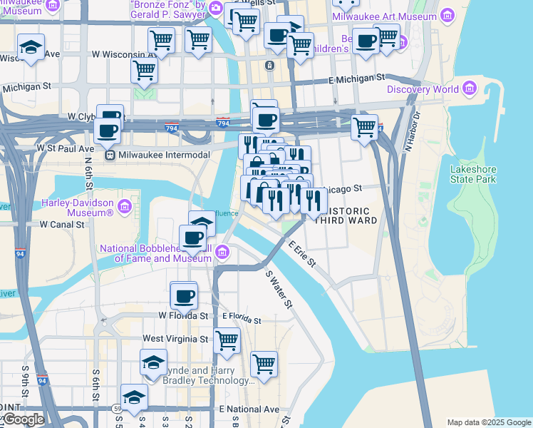 map of restaurants, bars, coffee shops, grocery stores, and more near 252 East Menomonee Street in Milwaukee