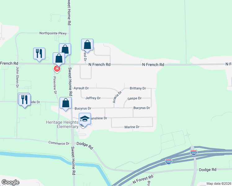 map of restaurants, bars, coffee shops, grocery stores, and more near 153 Ayrault Drive in Buffalo