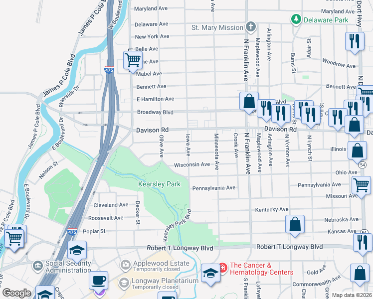 map of restaurants, bars, coffee shops, grocery stores, and more near 1712 Iowa Avenue in Flint