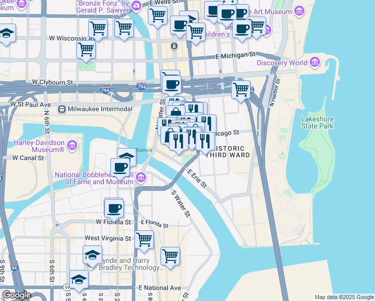map of restaurants, bars, coffee shops, grocery stores, and more near 167 North Milwaukee Street in Milwaukee