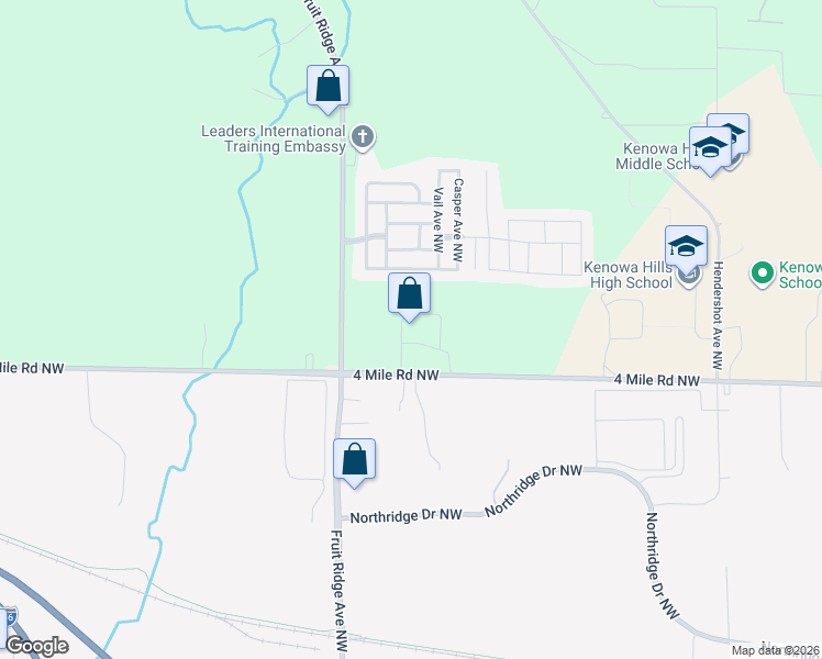 map of restaurants, bars, coffee shops, grocery stores, and more near 3633 4 Mile Road Northwest in Grand Rapids