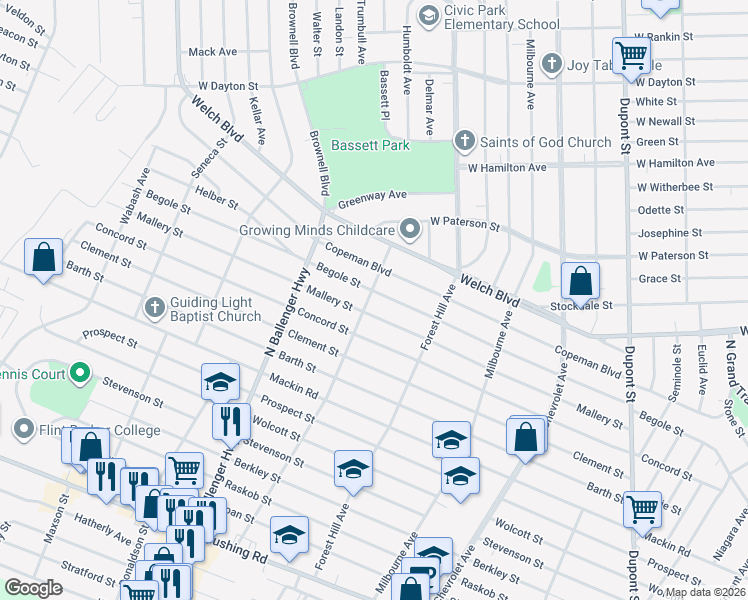 map of restaurants, bars, coffee shops, grocery stores, and more near 1562 Lavender Avenue in Flint