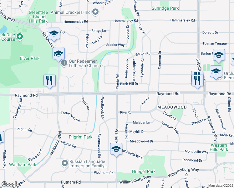 map of restaurants, bars, coffee shops, grocery stores, and more near Raymond Rd & Prairie Rd in Madison