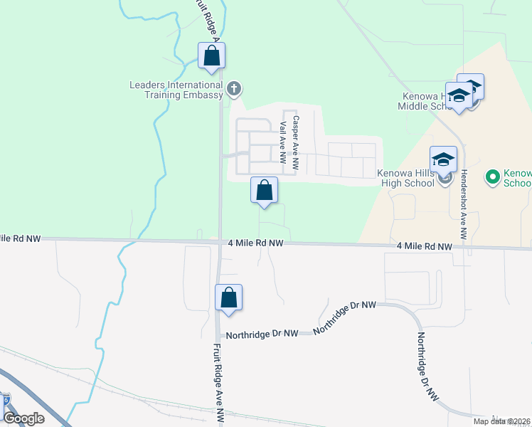 map of restaurants, bars, coffee shops, grocery stores, and more near 3633 4 Mile Road Northwest in Grand Rapids