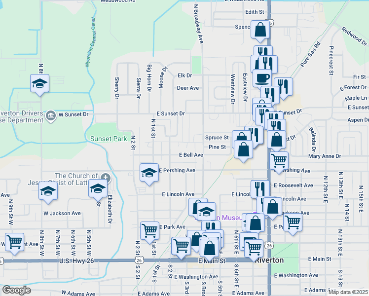 map of restaurants, bars, coffee shops, grocery stores, and more near 715 N 2 Street East in Riverton