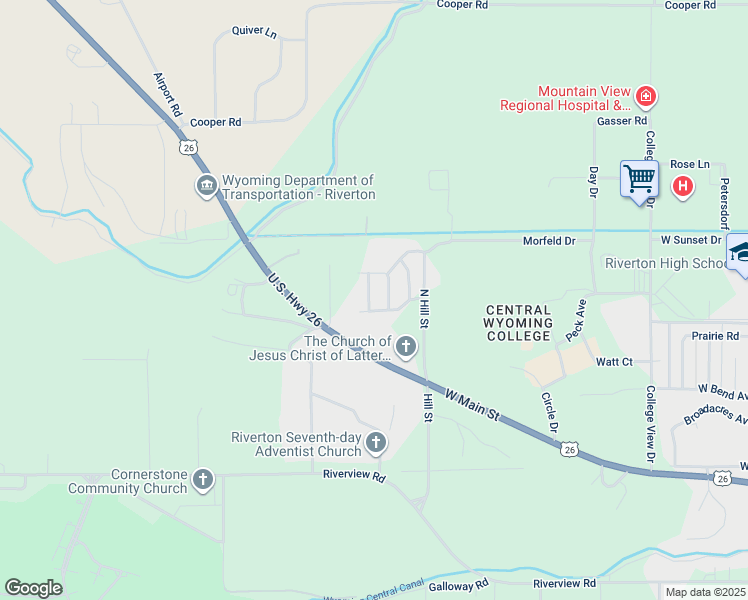 map of restaurants, bars, coffee shops, grocery stores, and more near 610 Dickinson Avenue in Riverton