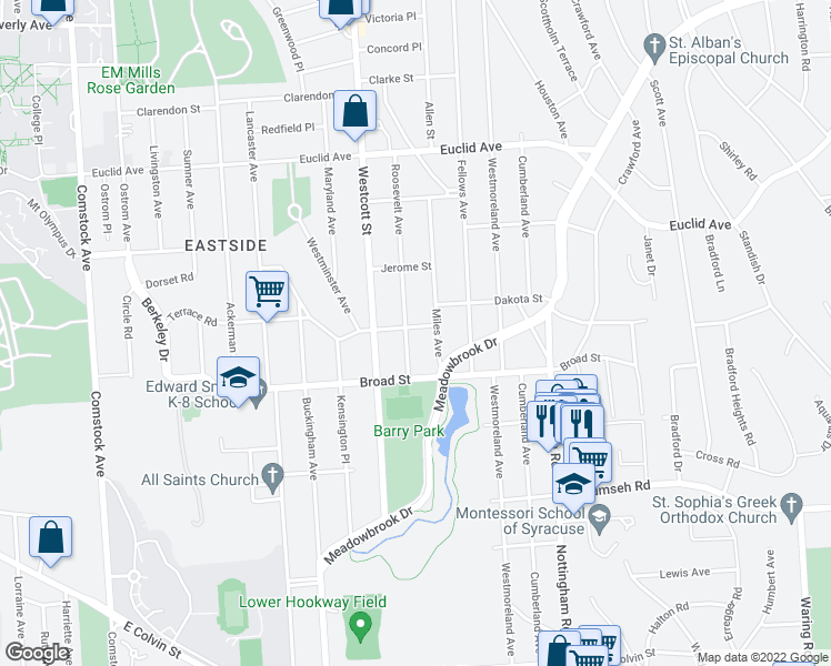 map of restaurants, bars, coffee shops, grocery stores, and more near 521 Kensington Road in Syracuse