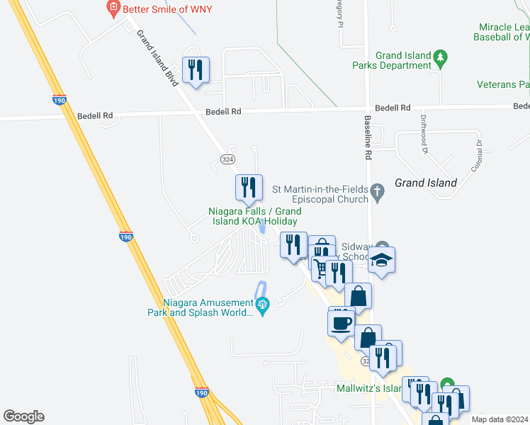 map of restaurants, bars, coffee shops, grocery stores, and more near 2529-2557 Grand Island Boulevard in Grand Island