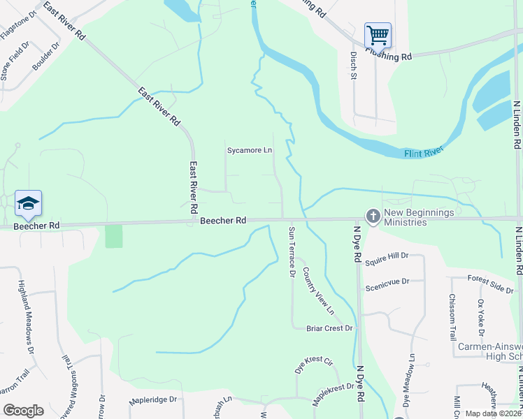 map of restaurants, bars, coffee shops, grocery stores, and more near 5411 River Meadow Boulevard in Flint