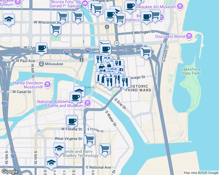 map of restaurants, bars, coffee shops, grocery stores, and more near 177 North Broadway in Milwaukee