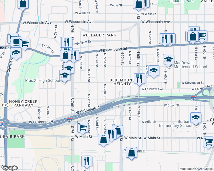 map of restaurants, bars, coffee shops, grocery stores, and more near 126 North 72nd Street in Milwaukee