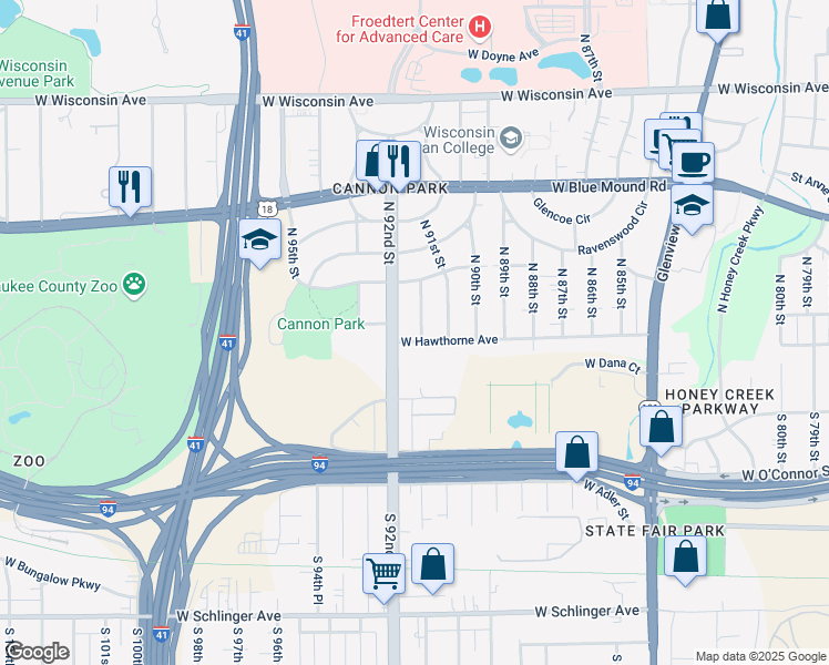 map of restaurants, bars, coffee shops, grocery stores, and more near 140 North 91st Place in Milwaukee