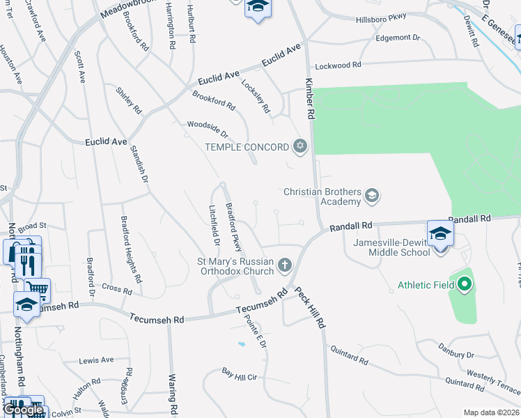 map of restaurants, bars, coffee shops, grocery stores, and more near 106 Enderberry Circle in Jamesville